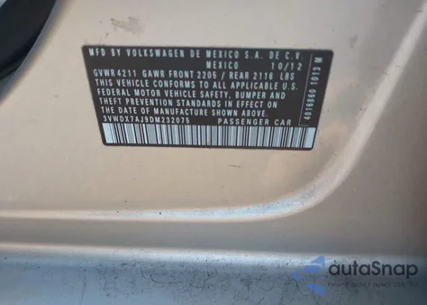 2013 Volkswagen Jetta 2.5L Se из США, поврежденный, VIN 3VWDX7AJ9DM232075